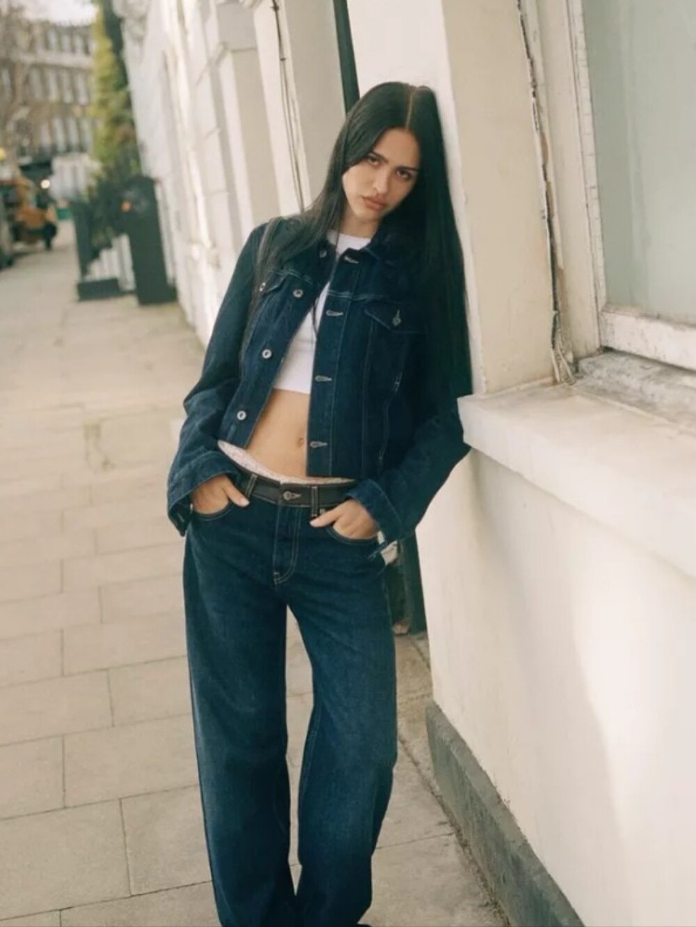 Dark Blue Denim Jacket With Leather Contrasting